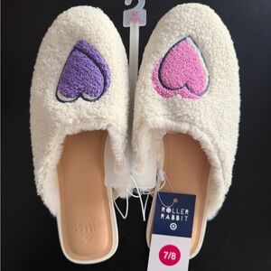 Roller Rabbit Cream Sherpa Slip-On Slippers with Pink & Purple Hearts